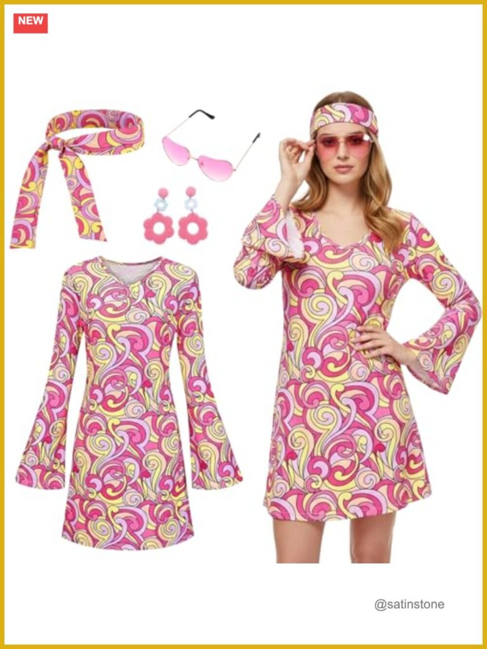 4 Pc 60s 70s Disco Costume Hippie Dress Headband Sunglasses Earrings